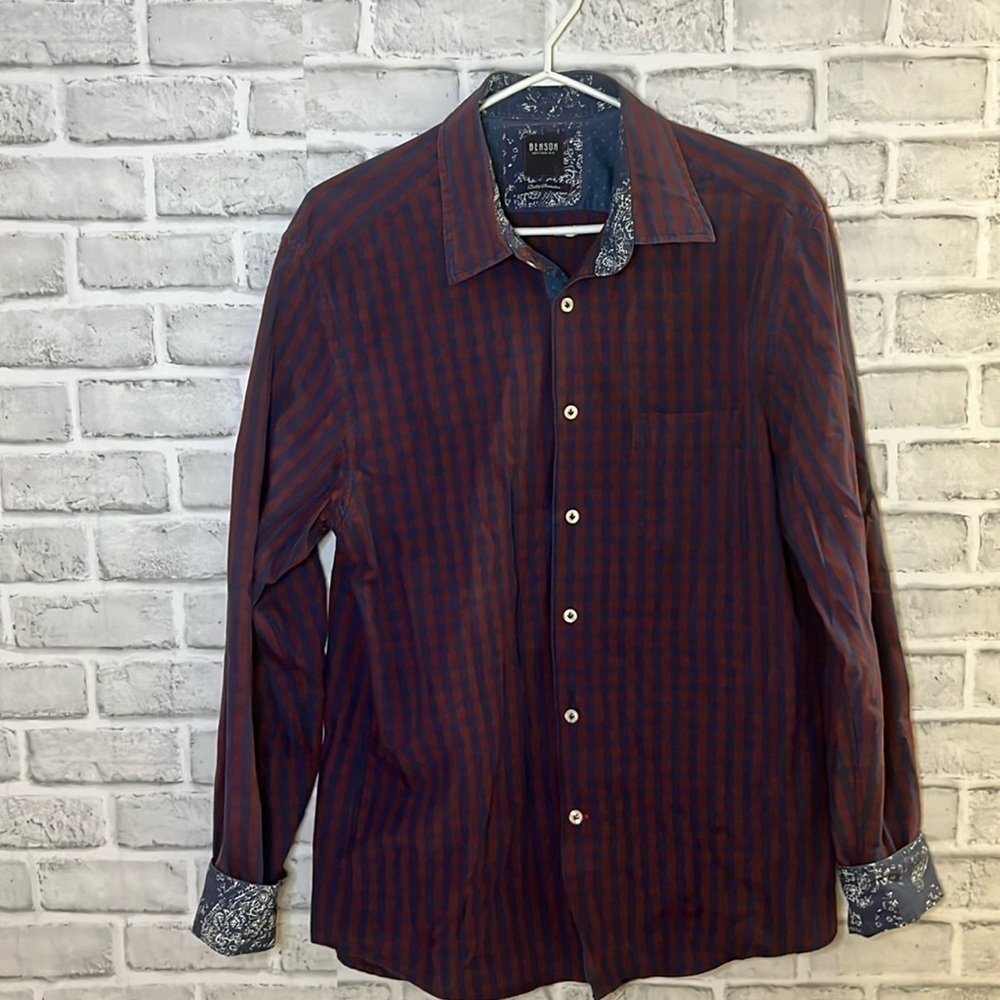 Benson menโs plaid cotton long sleeve dress shirt, size, large, maroon, and blue